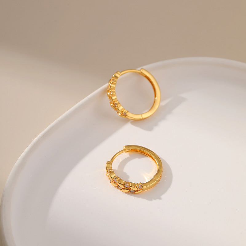 Gold Crystal Leaf Link Huggie Hoop Earrings E285