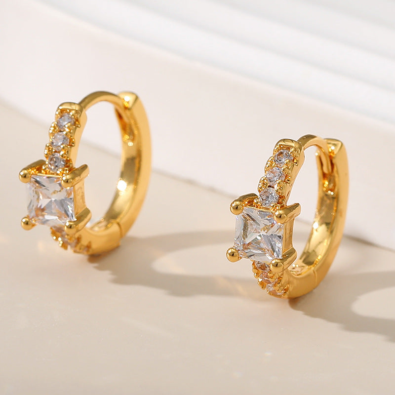 Gold Square Crystal Baguette Pave Huggie Hoop Earrings E280