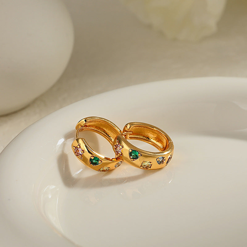 Color gemstone chunky Gold Huggie Hoop Earrings E248