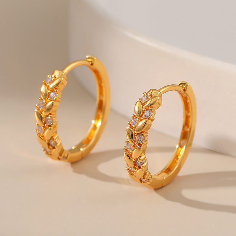 Gold Crystal Leaf Link Huggie Hoop Earrings E285