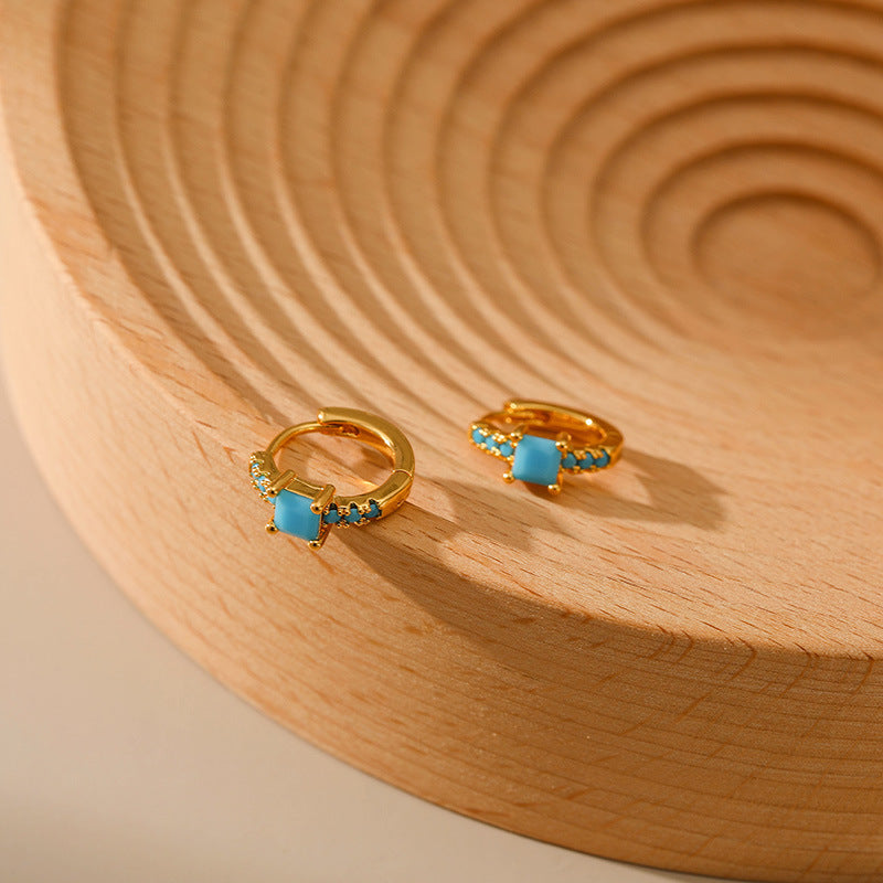 Gold Turquoise Baguette Huggie Hoop Earrings E282