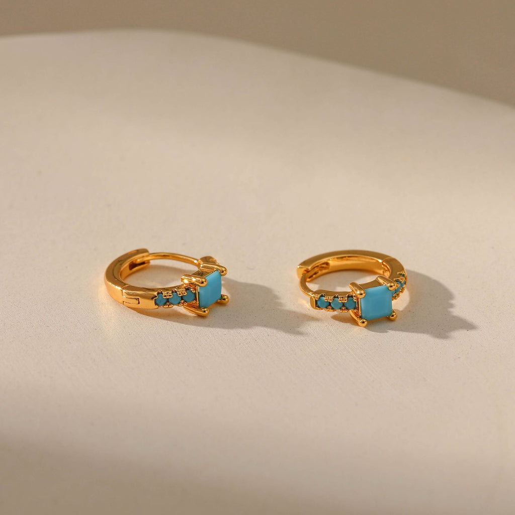 Gold Turquoise Baguette Huggie Hoop Earrings E282