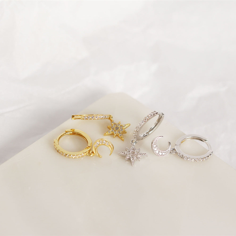 Gold Pave Star And Moon Asymmetrical Huggie Hoop Drop Earrings E140