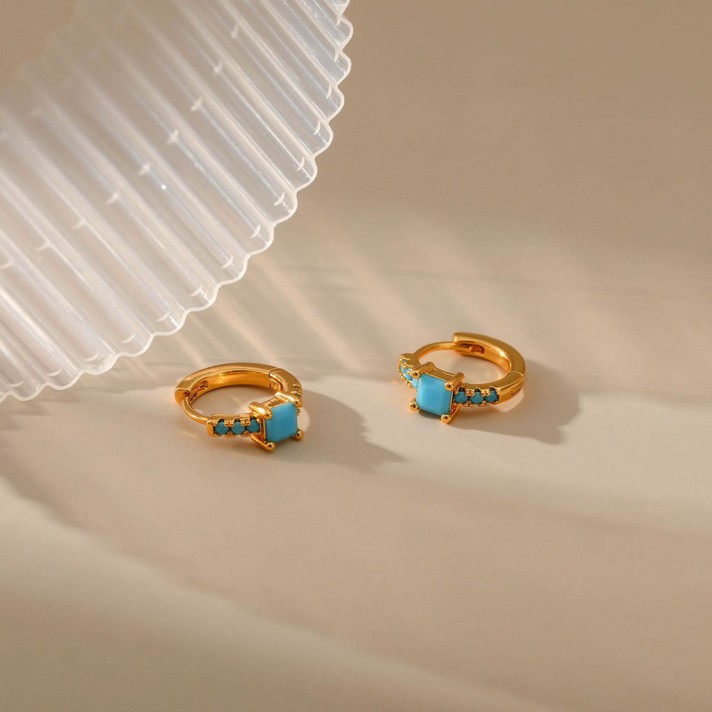 Gold Turquoise Baguette Huggie Hoop Earrings E282