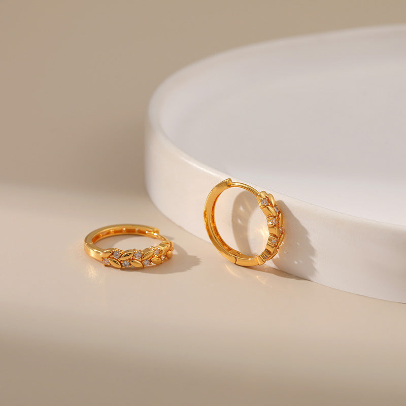 Gold Crystal Leaf Link Huggie Hoop Earrings E285
