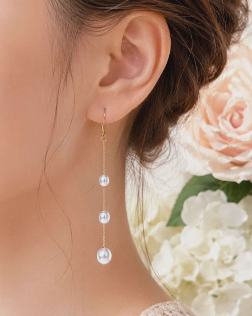 White pearl long dangle drop earrings E242