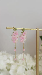 Pink sakura & beads cluster dangle drop earrings E299