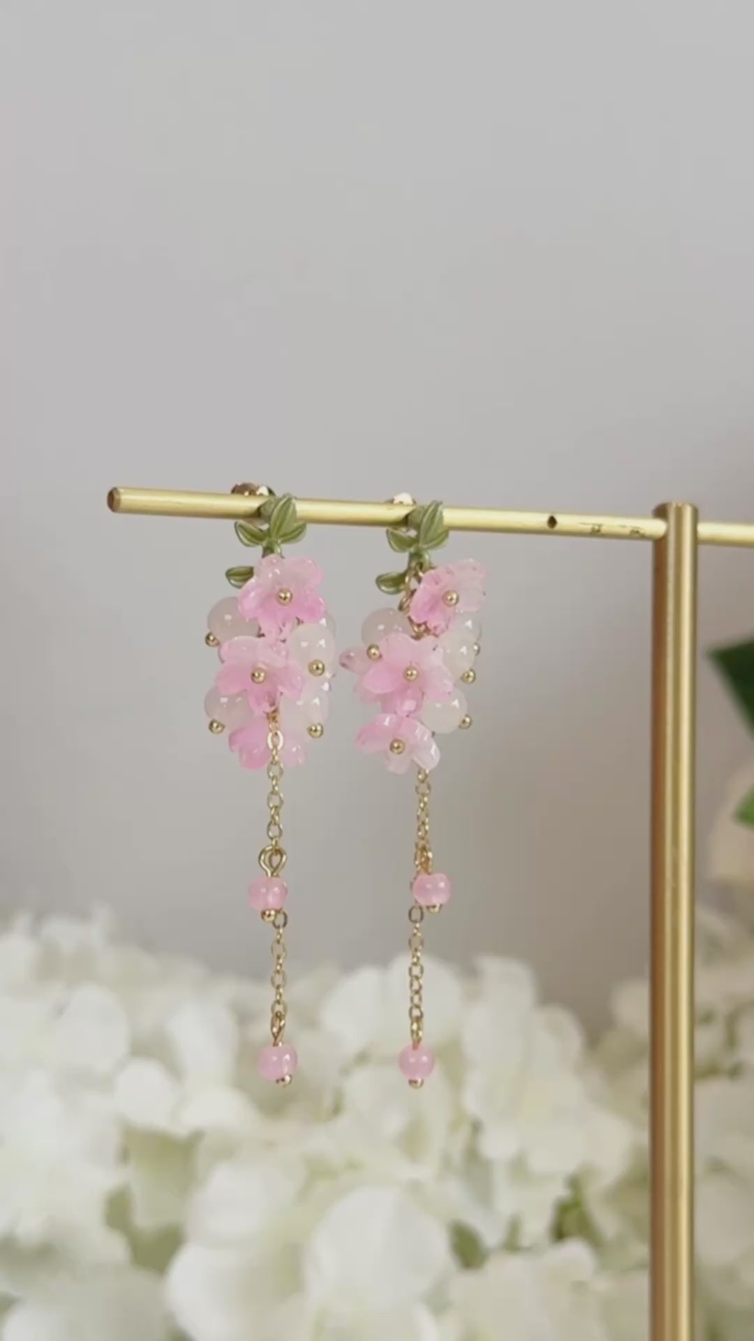 Pink sakura & beads cluster dangle drop earrings E299