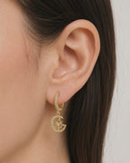 Starburst crescent moon paved cz dangle hoop earrings E078