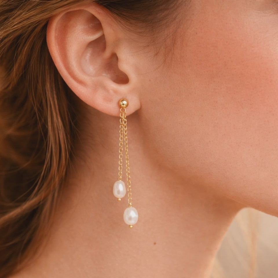 Dainty white pearl duo strand dangle earrings E244