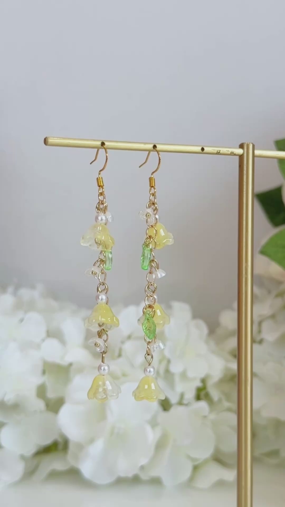 Yellow lily of the valley flower dangle earrings E298