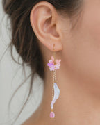 Pink Flower Long Dangle Earrings for Women Fairy Jewelry E194