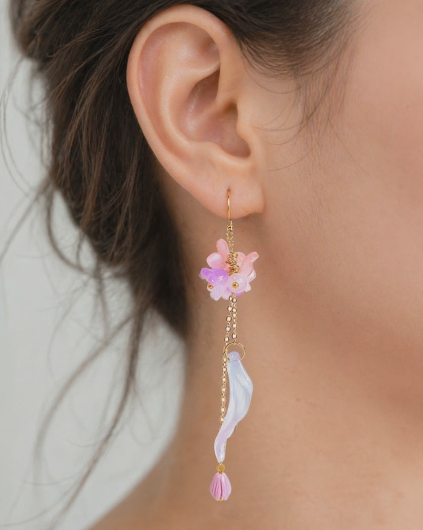 Pink Flower Long Dangle Earrings for Women Fairy Jewelry E194