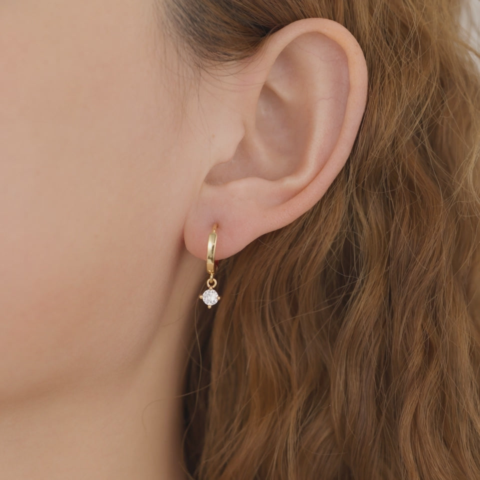 Gold Huggie Hoop Dainty Cubic Zirconia Solitaire Earrings E165