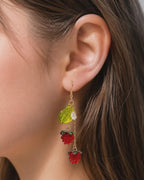 Duo Raspberry Fruit with Green Leaf dangle earrings E260