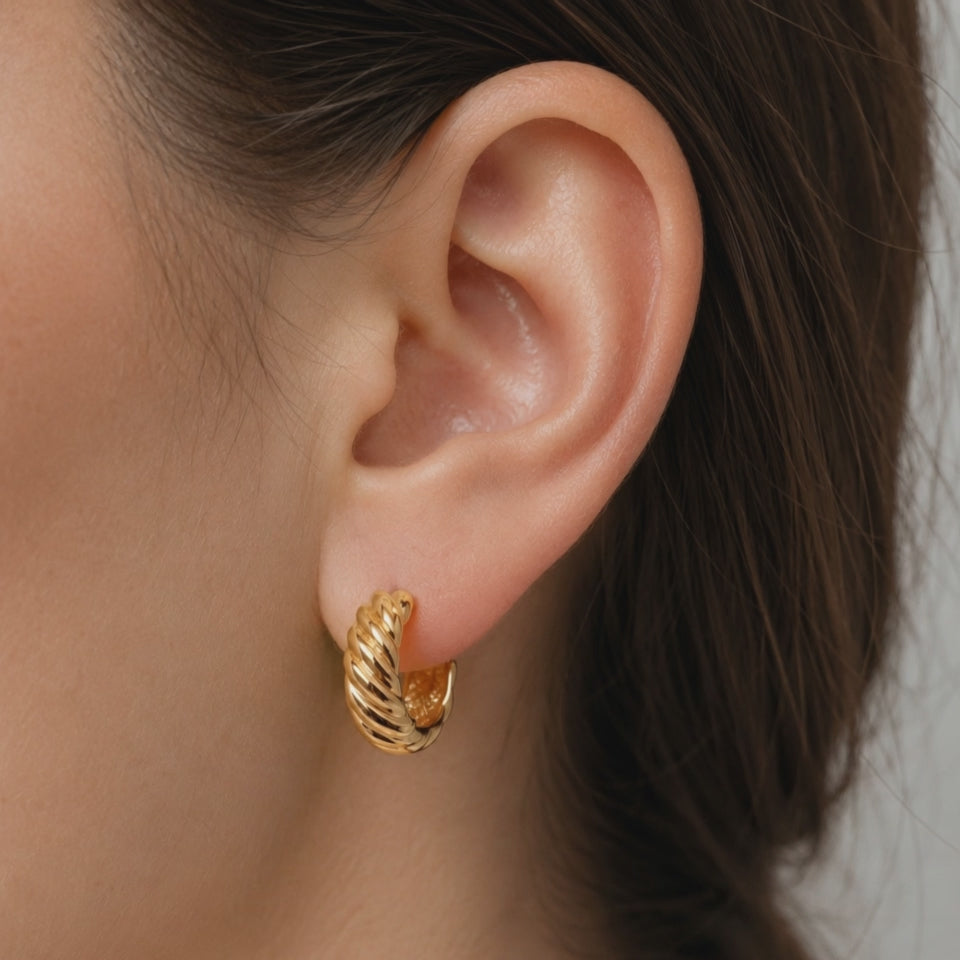 Gold Twisted Croissant Chunky Huggie Hoop Earrings E284