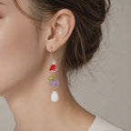 Purple glass flower & pearl beads dangle earrings E266