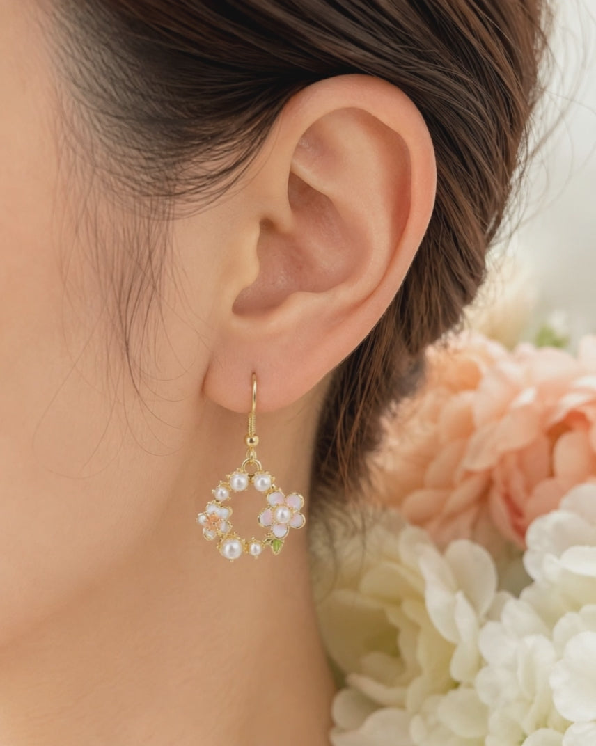 Gardem circle flower wreath dangle drop earrings E239