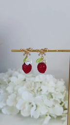 Red strawberry & gold bow flower dangle earrings E289