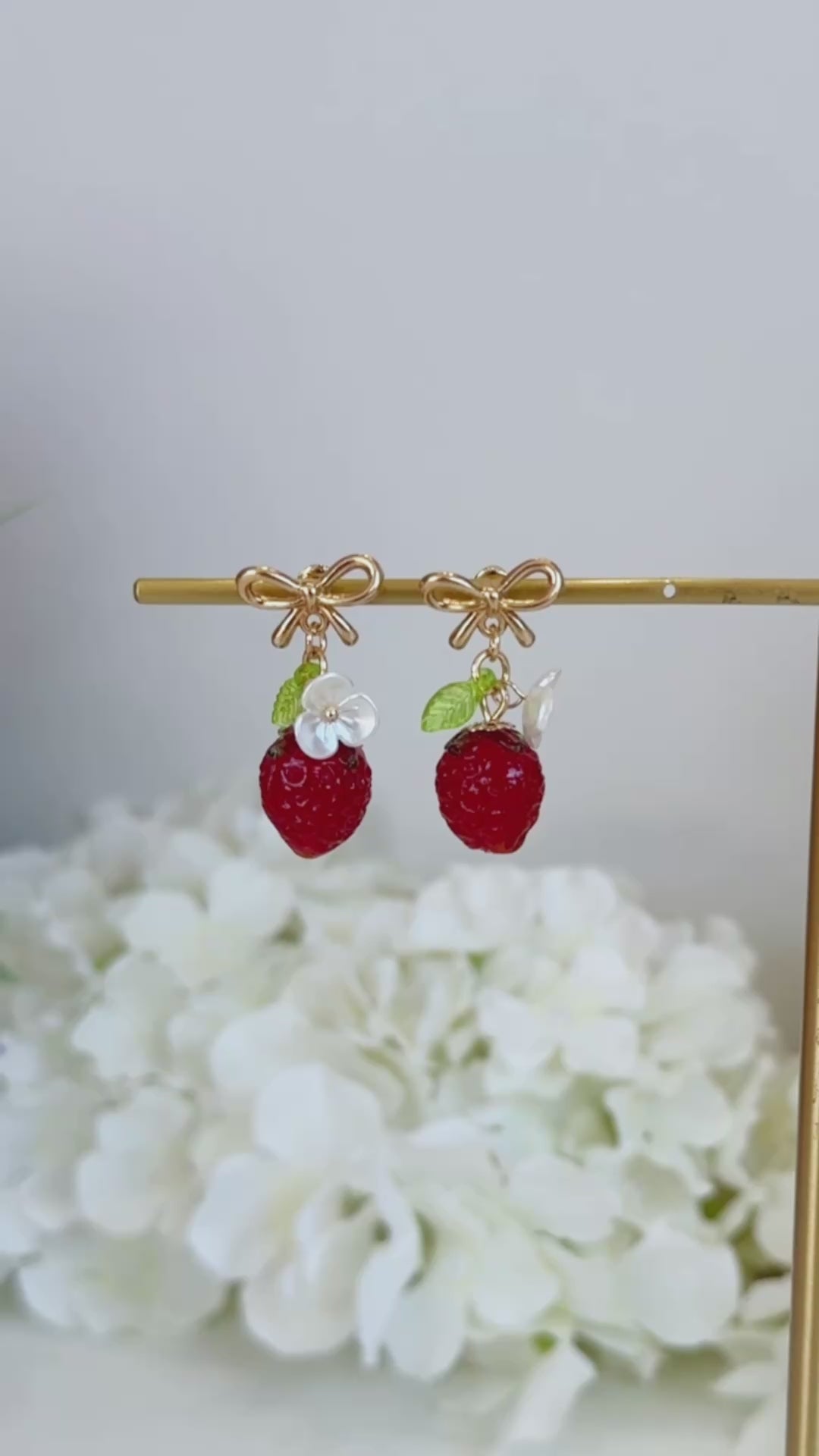 Red strawberry & gold bow flower dangle earrings E289