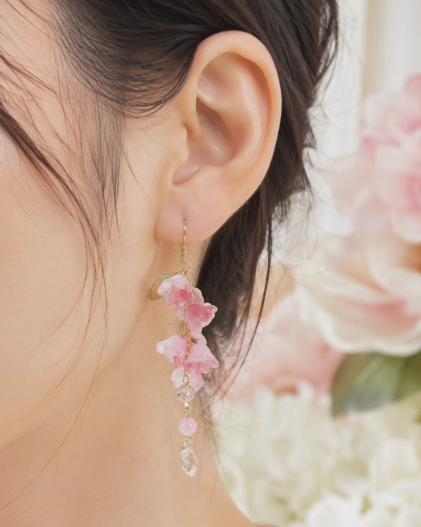 Handmade pink lily of the valley flower dangle drop earrings E236