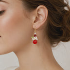 Red glass beads & flower dangle earrings E267