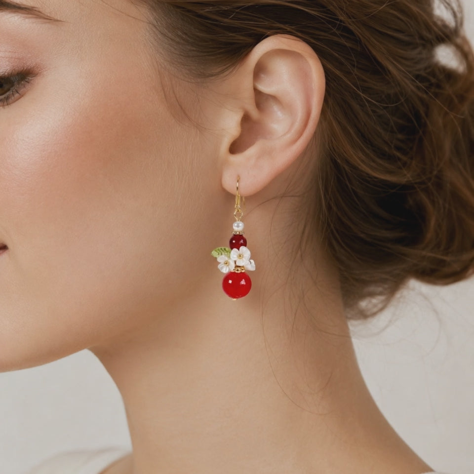 Red glass beads & flower dangle earrings E267
