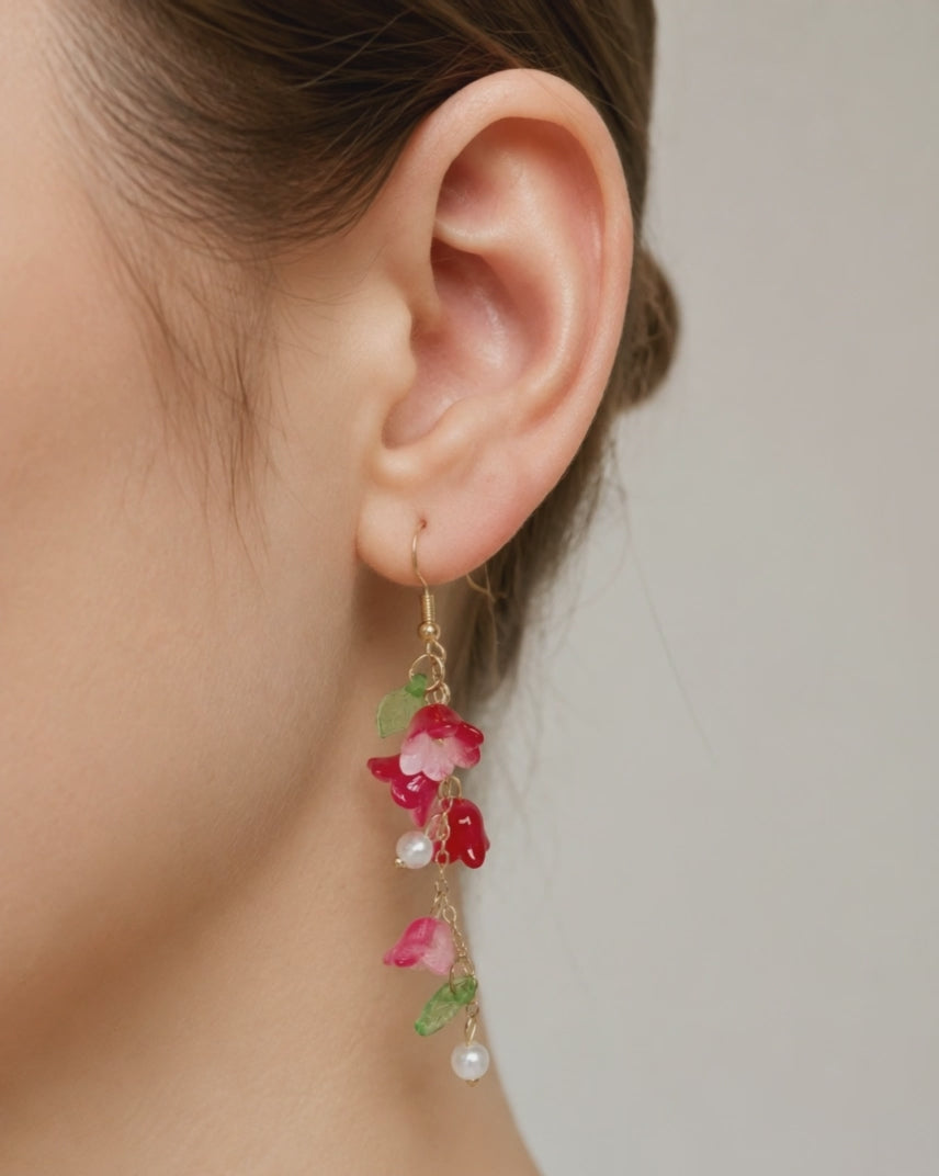 Pink & red lily of the valley dangle earrings E274