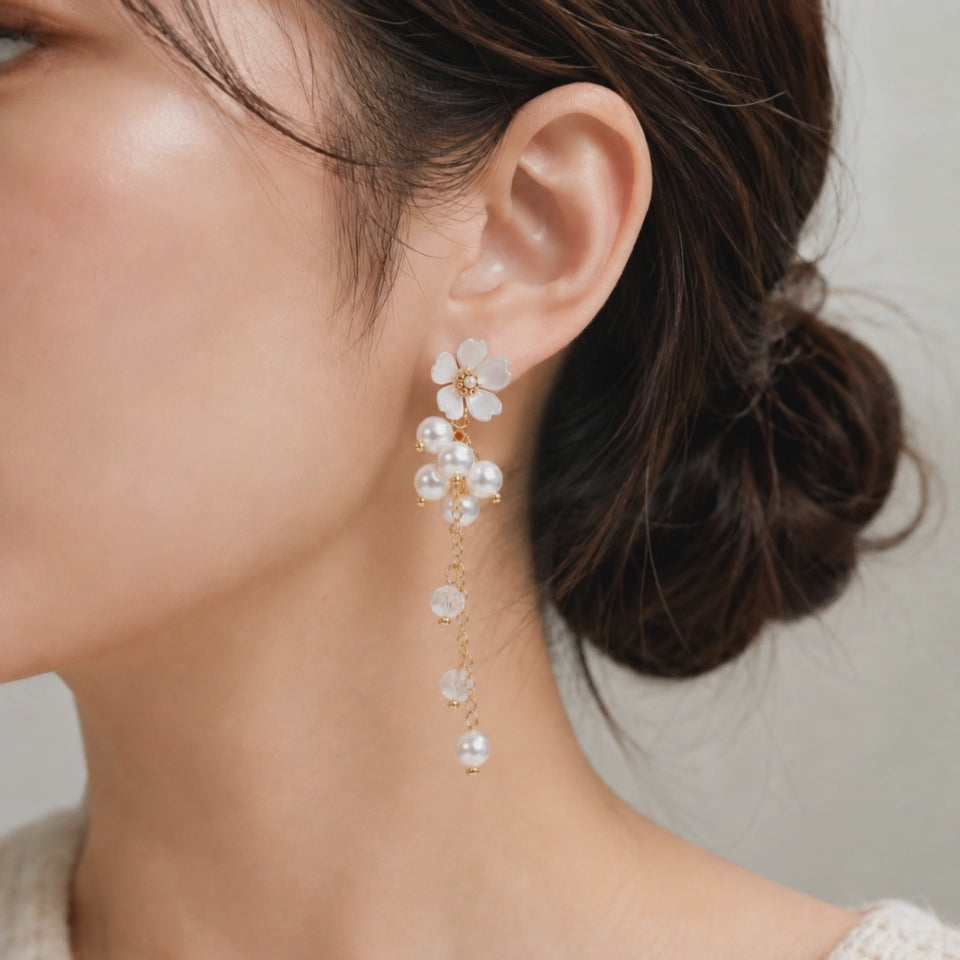 Iridescent white flower & pearl dangle earrings E263