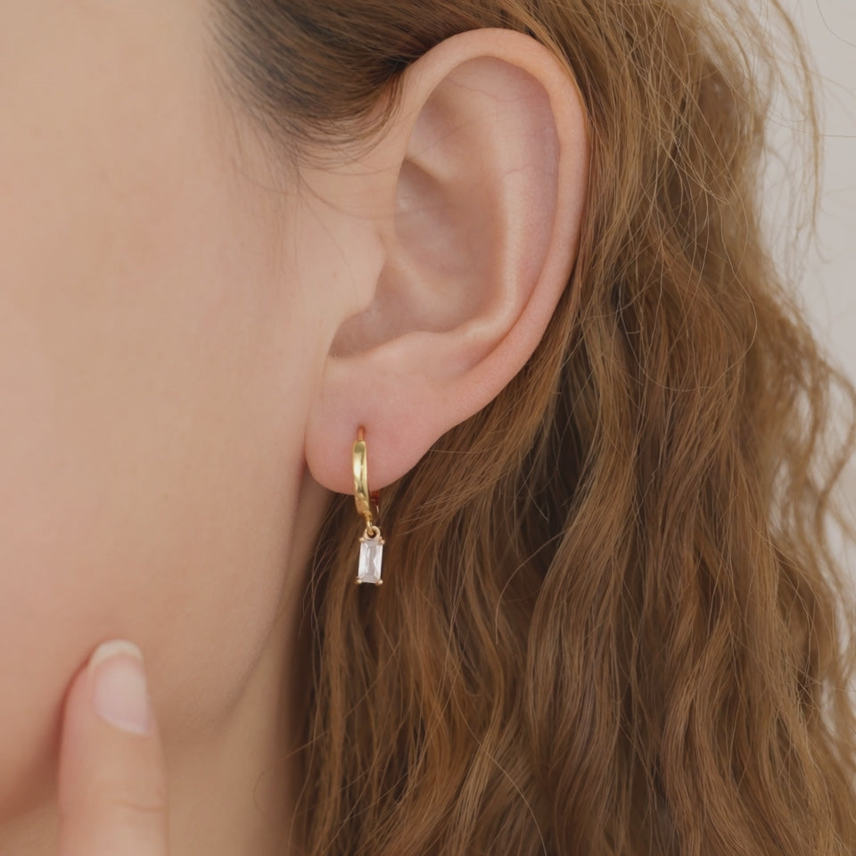 Gold Huggie Hoop Dainty Cubic Zirconia Baguette Earrings E166