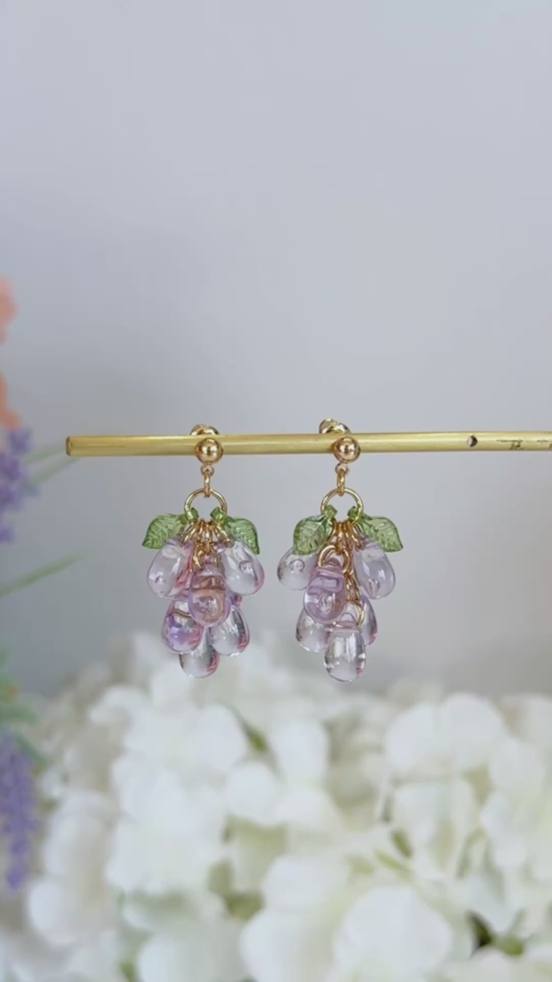 Purple glazed resin grape cluster dangle earrings E294