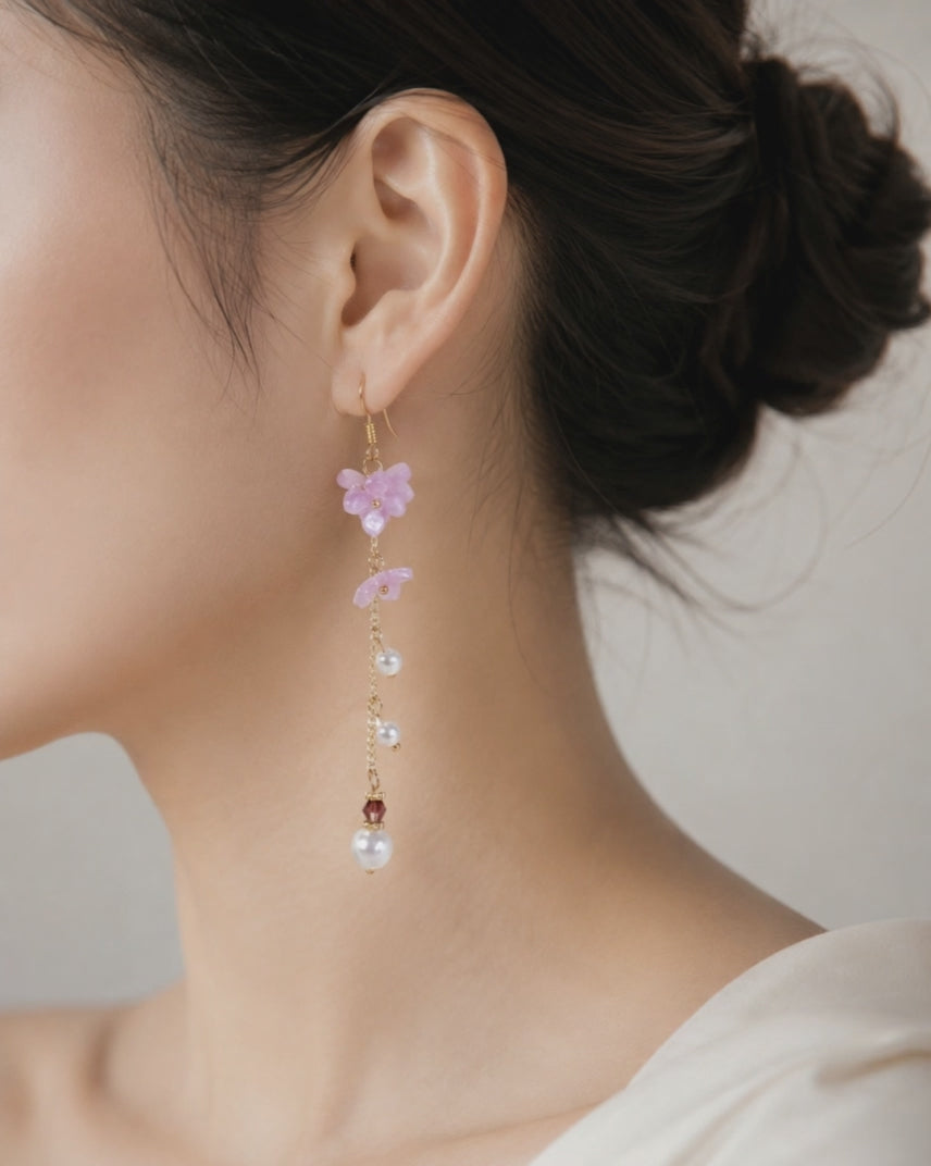 Purple cherry blossom pearl dangle earrings E270