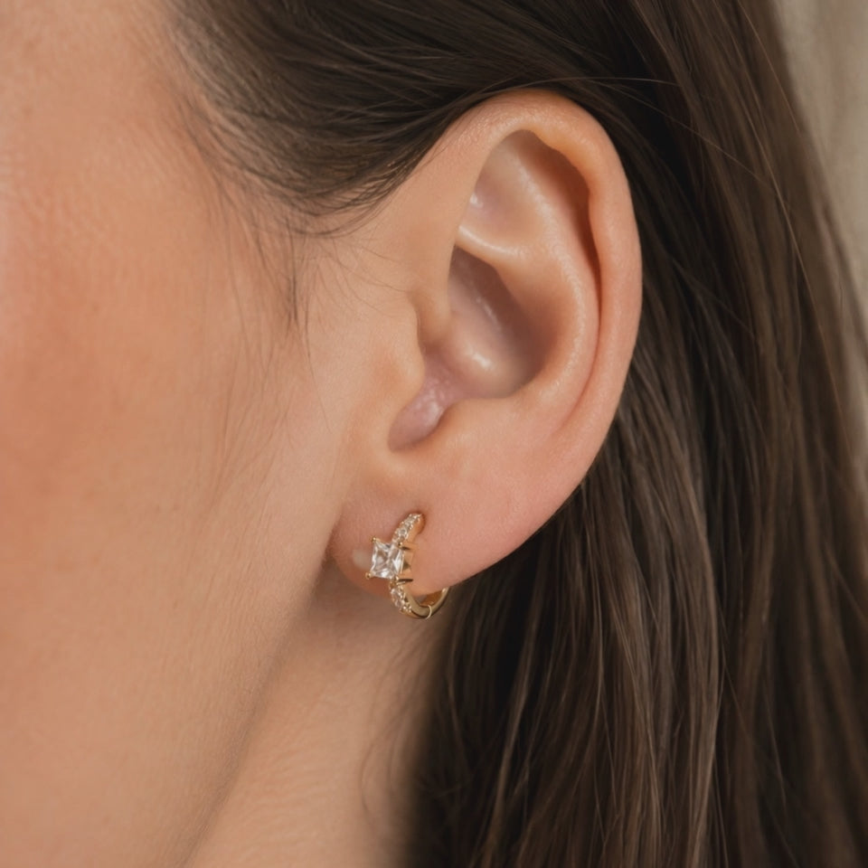 Gold Square Crystal Baguette Pave Huggie Hoop Earrings E280