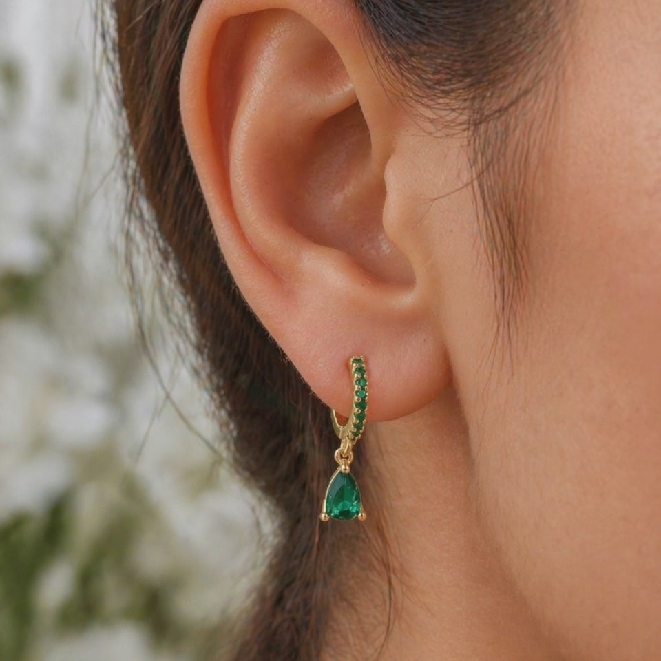 Gold Emerald Teardrop Huggie Hoop Earrings for Women E186