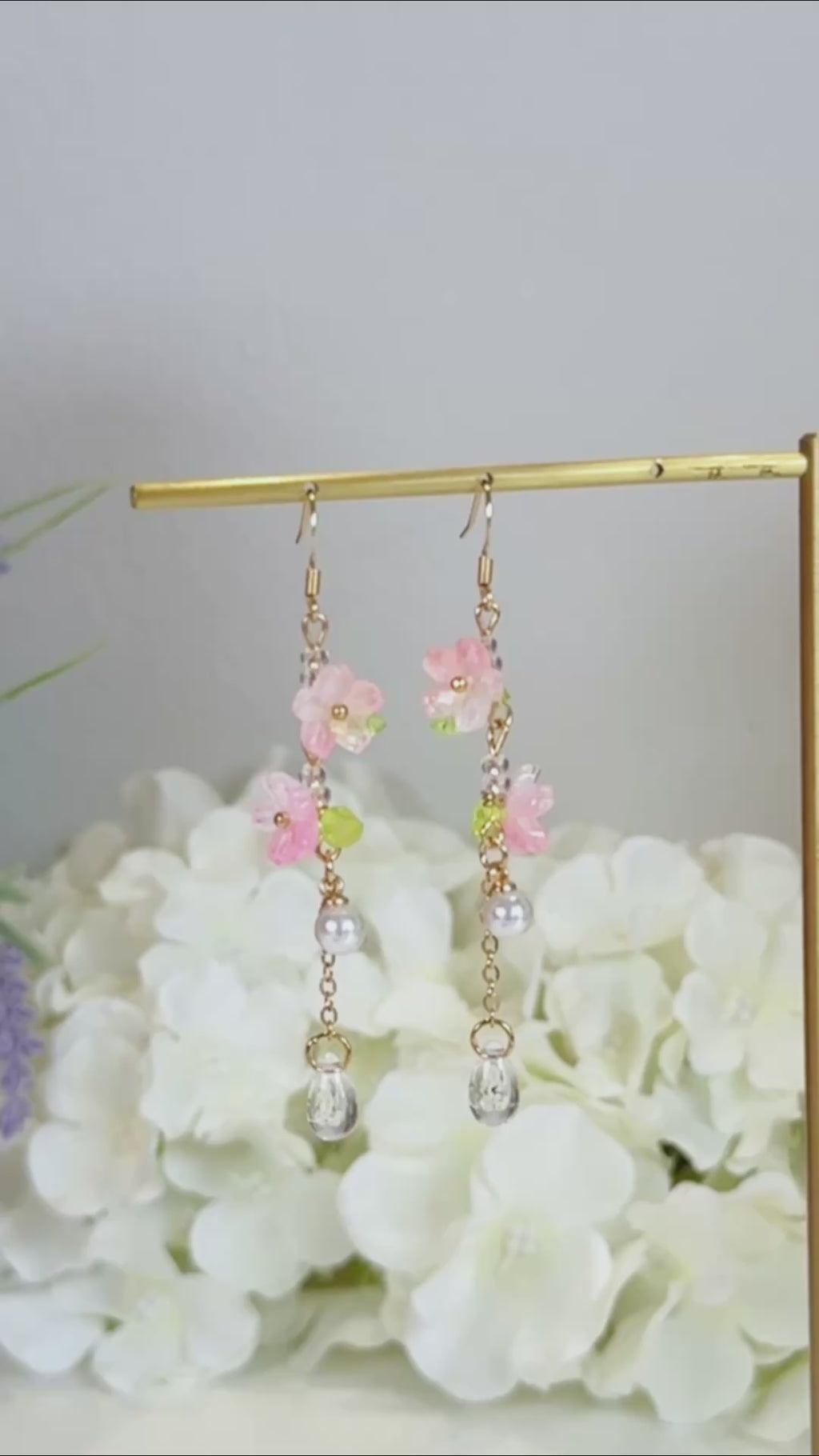 pink sakura green leave crystal dangle earrings E295