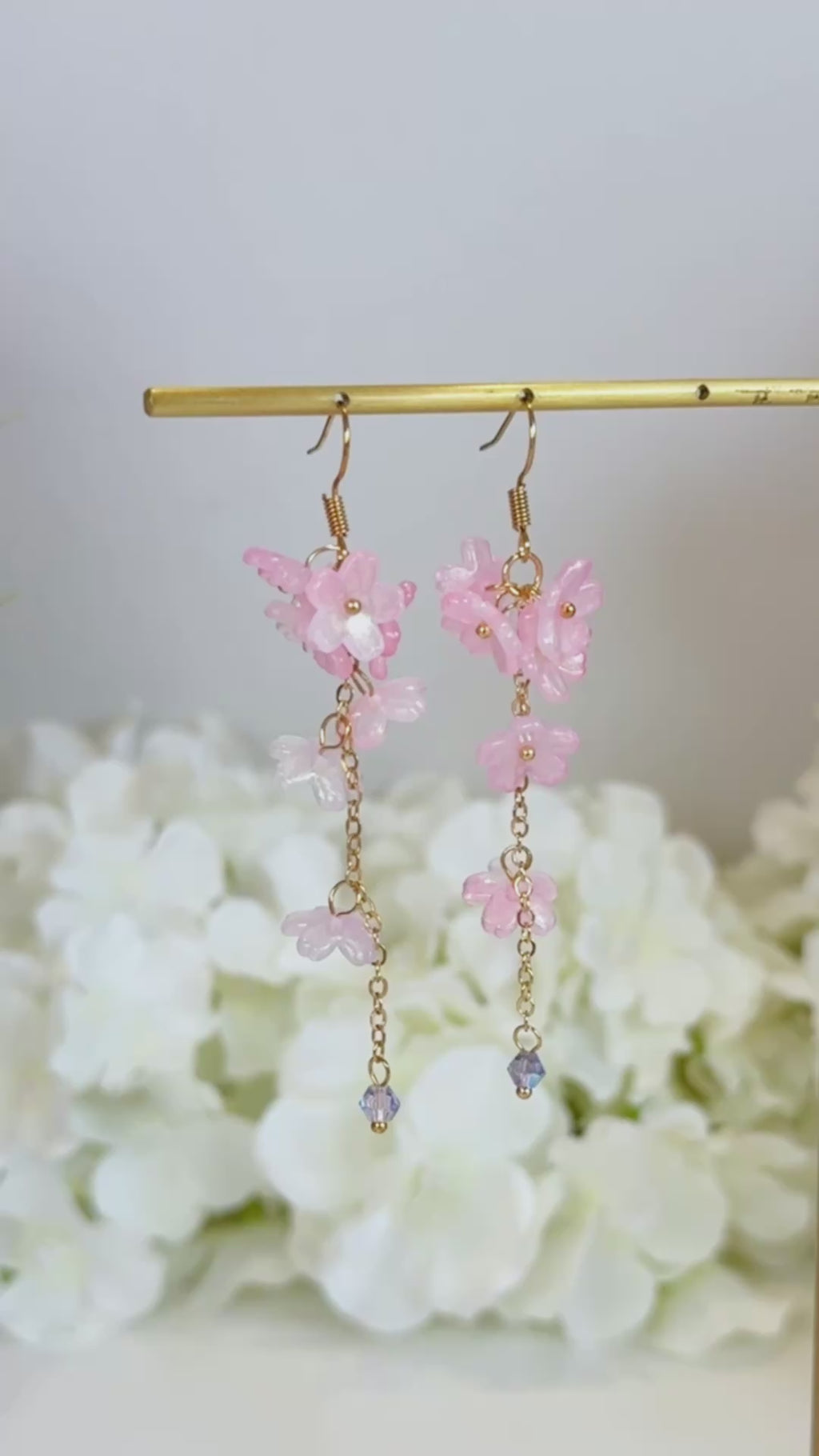 Pink sakura flower & crystal long dangle earrings E290