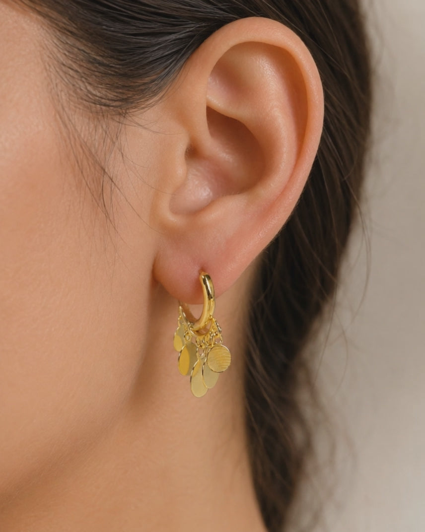 Dainty Gold Disc Charm Huggie Hoop Earrings E232