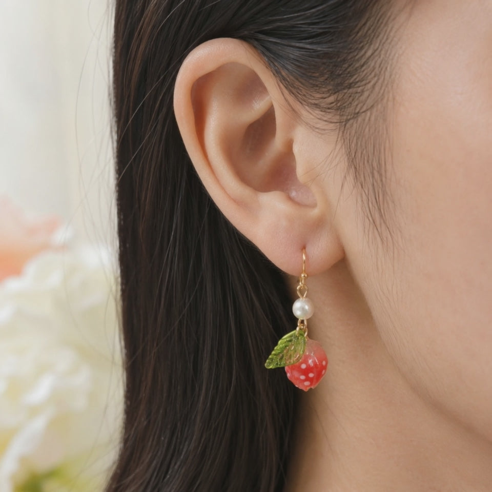 Cute Strawberry Pearl Dangle Fruit Earrings E225