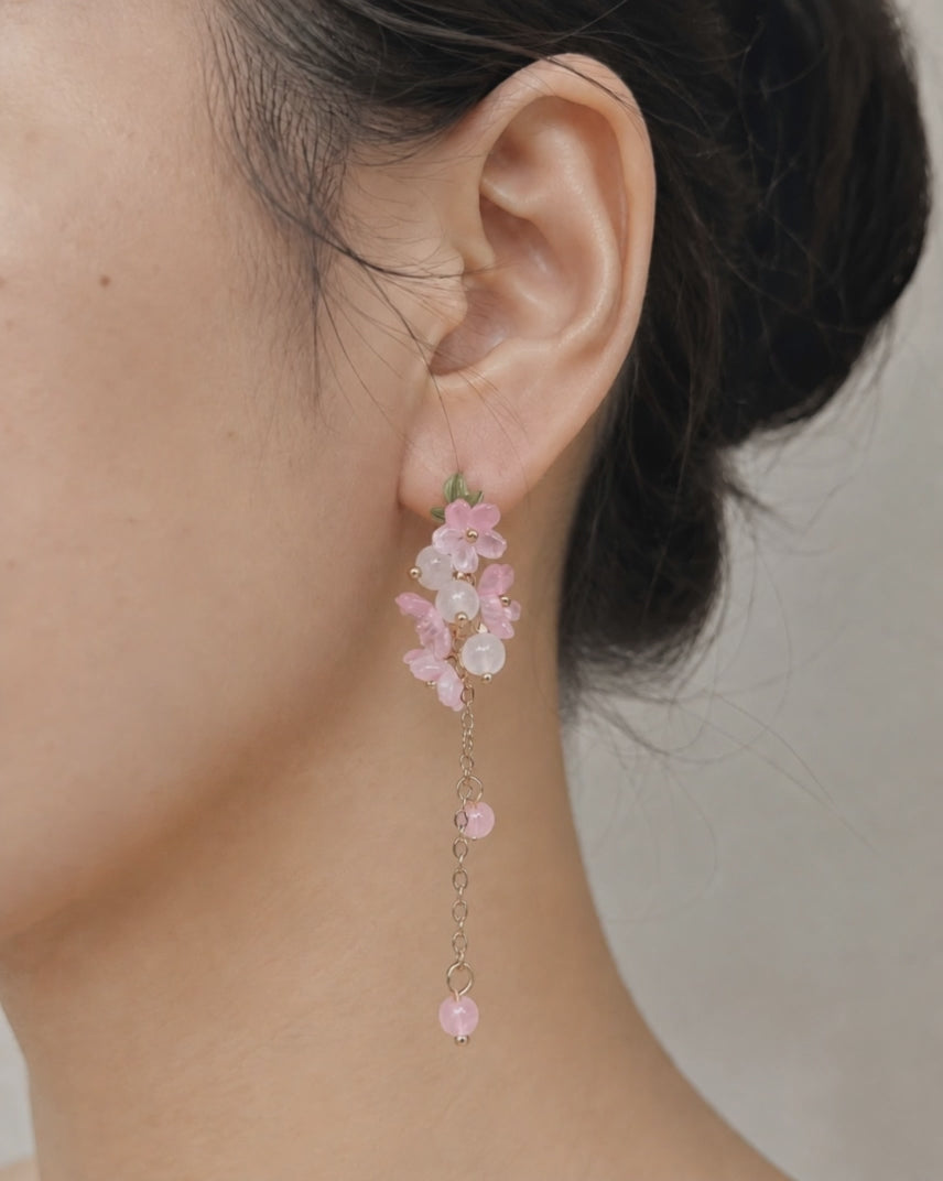 Pink sakura & beads cluster dangle drop earrings E299