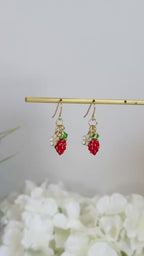 Dainty enamel strawberry flower dangle earrings E296