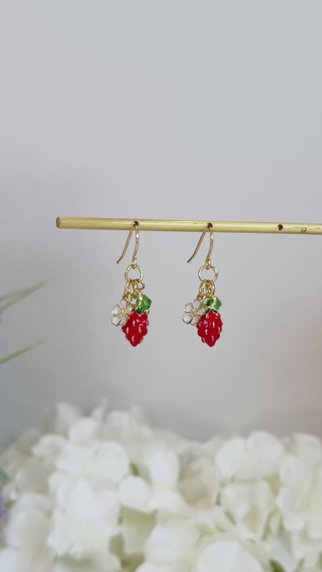 Dainty enamel strawberry flower dangle earrings E296