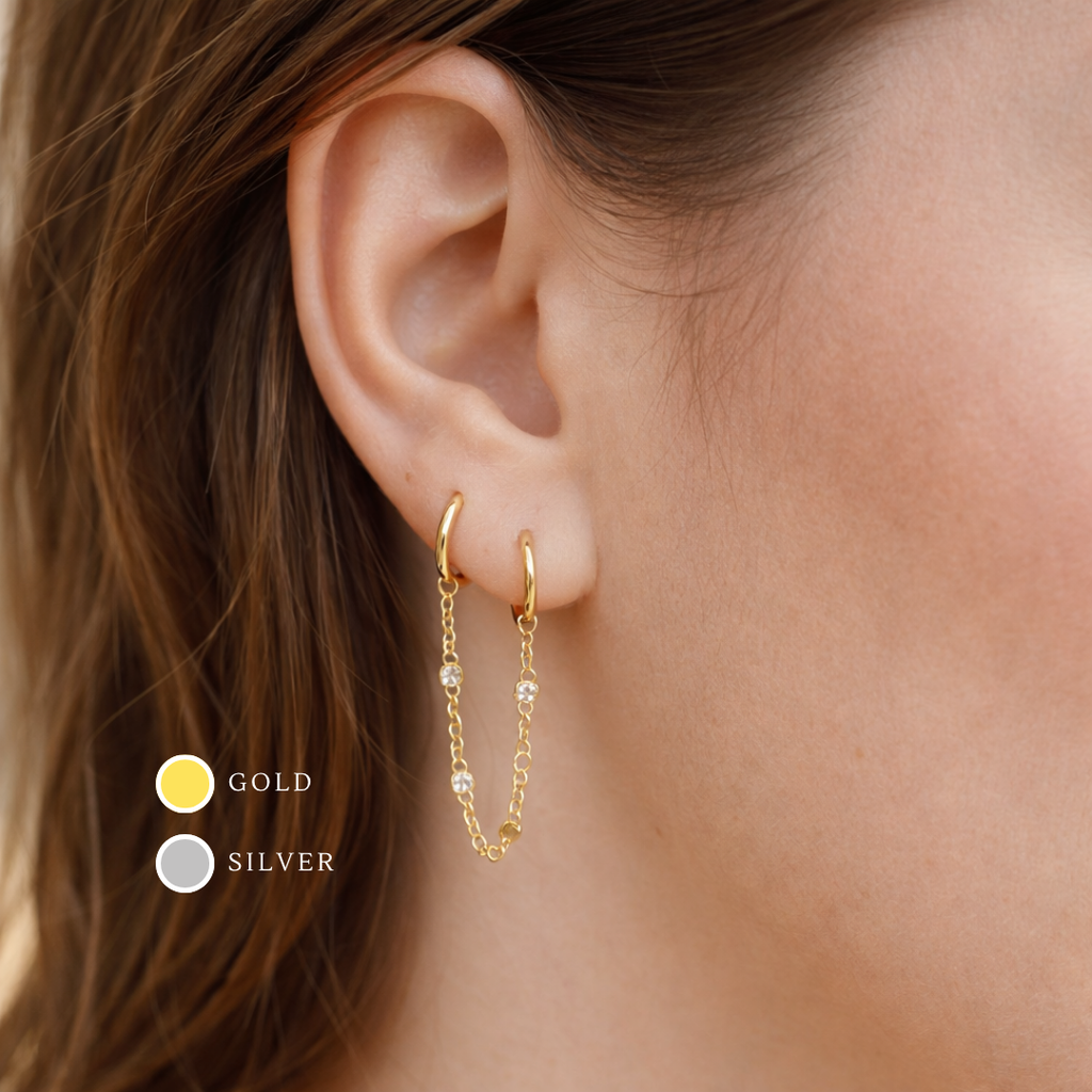 Double Huggie Hoop Chain Dangle Single Earrings E057